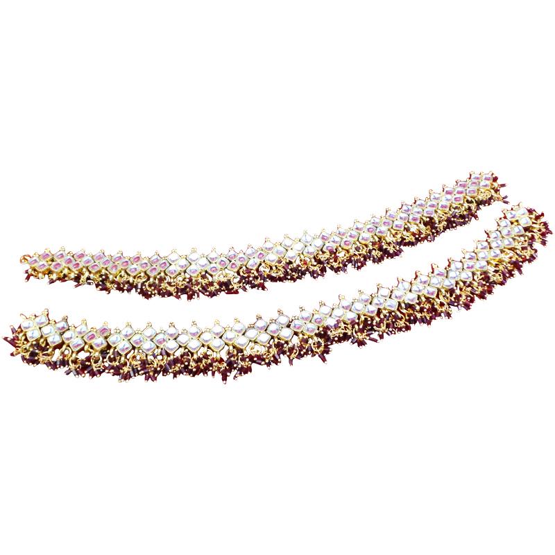 Fancy and Exquisite Gold Plated anklets with mirror stones and burgundy pearls 1