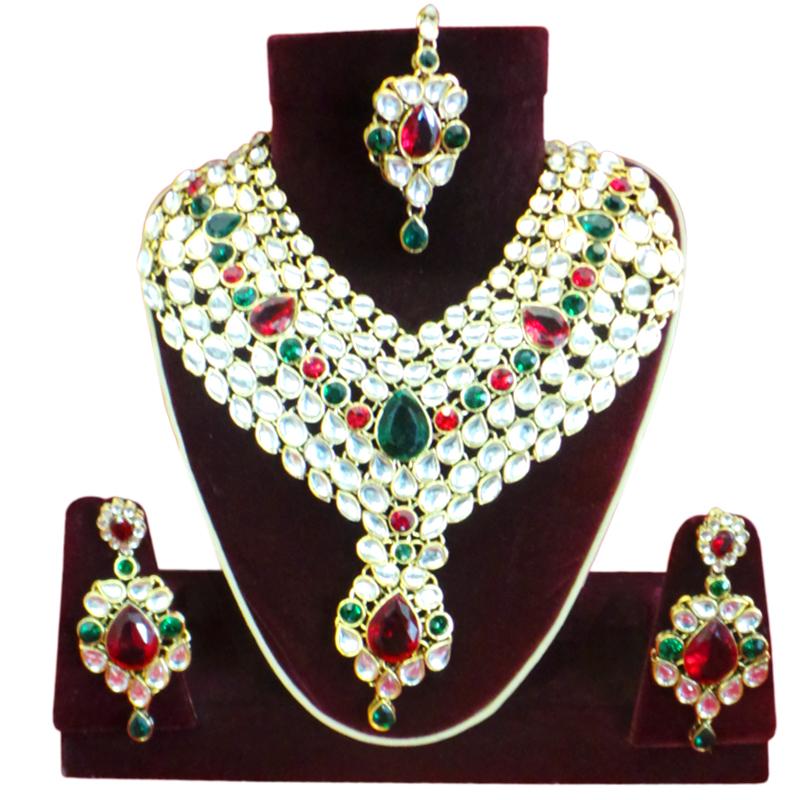 Fancy and Stylish Red/Emrald Green Necklace with mirror work