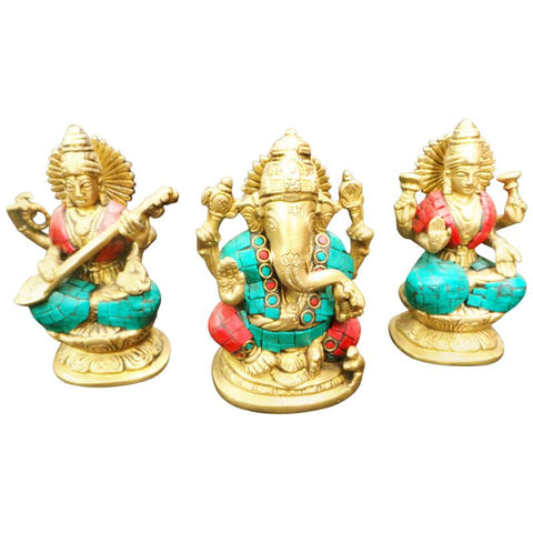 Ensemble exclusif de 3 statues Ganesha-Lakshmi-Saraswati en laiton