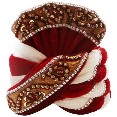 Fashionable White and Red Velvet Turban with Beautiful Gold Trimming