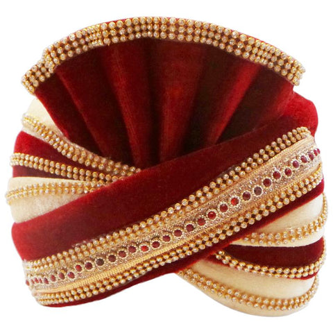 Stylish Red and Light Gold Velvet Turban with Beautiful Gold Trim