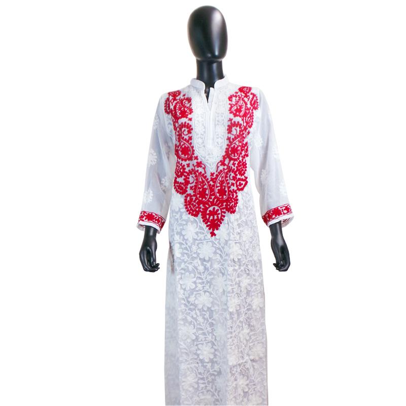 White Georgette Tunic with Red Embroidery